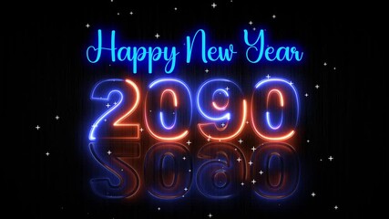 Futuristic Blue and Orange Glowing Neon Light Happy New Year 2090 Text Reveal With Floor Reflection Amid The Falling star Snow On Dark Background, Seamless Loop 4k videos 10 second