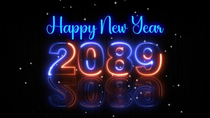 Futuristic Blue and Orange Glowing Neon Light Happy New Year 2089 Text Reveal With Floor Reflection Amid The Falling star Snow On Dark Background, Seamless Loop 4k videos 10 second
