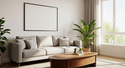 Modern living room scene with beige sofa, wooden coffee table, plants, and large blank frame mockup above sofa, showcasing interior design and home decor