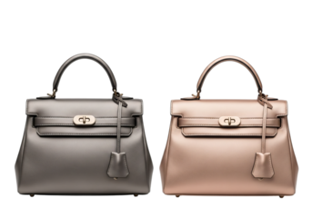 Two elegant luxury leather handbags one metallic grey and one rose gold isolated on transparent background