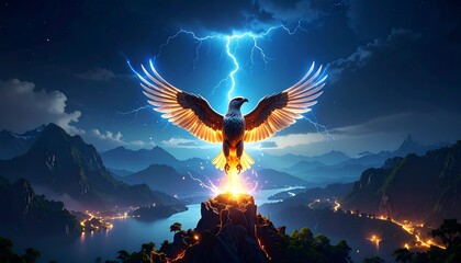 Majestic Eagle Soaring Amidst Lightning and Mountains.