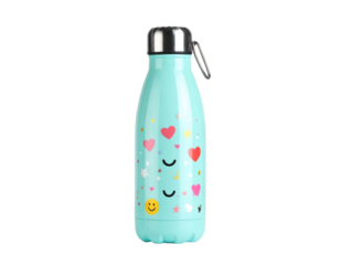 Turquoise bottle with hearts and smiley faces on transparent background