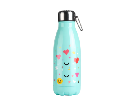 Turquoise bottle with hearts and smiley faces on transparent background