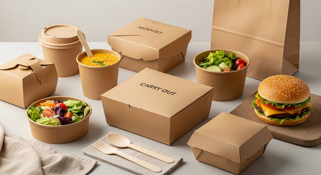 Kraft paper food containers, burger, salad, and soup showcase eco-friendly takeout packaging concept, ideal for restaurant or delivery service mockup