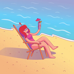 Woman with a cocktail relaxes on the beach. Colorful cartoon-style illustration