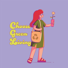 Eco-friendly lifestyle character concept. Woman with an eco-bag holding a grown flower