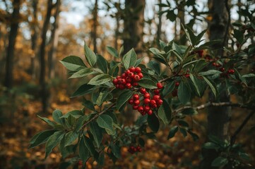 Wide-angle shot of a red rowan branch