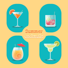 Set of vector illustrations of summer alcoholic cocktails