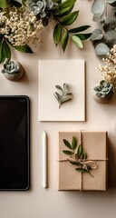 Flatlay of tablet, gift, and plants on beige background
