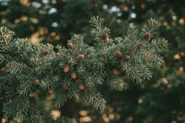 Close-up of young cedar twigs adorned with mature cones against a soft-focused backdrop