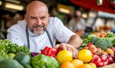 A friendly vendor stands proudly behind a display of fresh, colorful produce, smiling. He seems happy to offer healthy food.