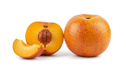 Ripe nectarine isolated on white background, studio capture with high detail fruit texture, organic food for diet and natural health projects
