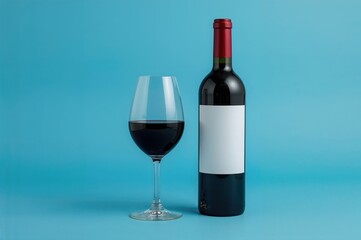 Red wine bottle and glass set against a blue backdrop with ample space for text.