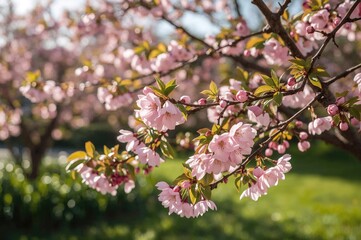 Obraz premium Pink cherry tree branches in full bloom