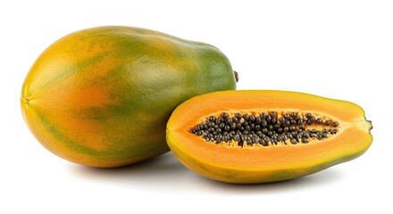 Ripe papaya whole and half cut isolated on white background, detailed tropical fruit studio shot for organic food, healthy diet, and natural nutrition projects