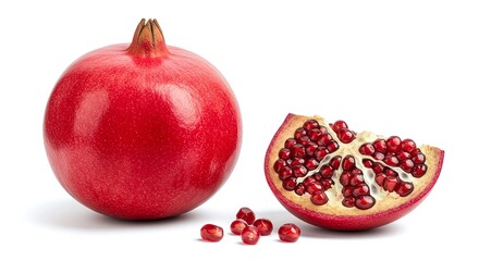 Studio photo of pomegranate isolated on white background, high detail fruit texture with seeds, perfect for diet, juice, and organic food projects