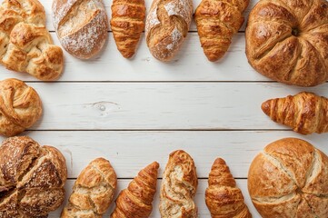 Morning meal setup from above featuring homemade breads, croissants, and baked goods on a white wooden surface with space for text