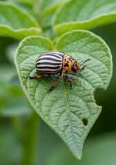 Naklejka premium Striped beetle on potato leaf