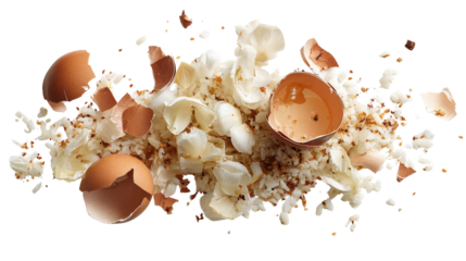 Food scraps from kitchen like eggshells, onion peels, and leftover rice background isolated on a Transparent background, PNG file.