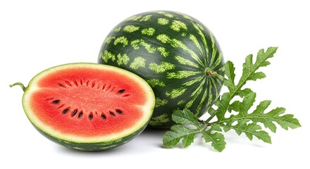Ripe watermelon on white background, fresh fruit with high detail texture, isolated food image for summer, diet, and healthy lifestyle projects