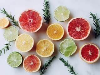 Citrus slices & rosemary sprigs on marble surface. Healthy eating, diet, background use