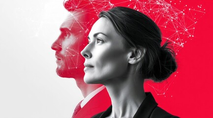 This striking image presents a man and a woman, with a graphic overlay of connected lines, set against a vibrant red and white backdrop.