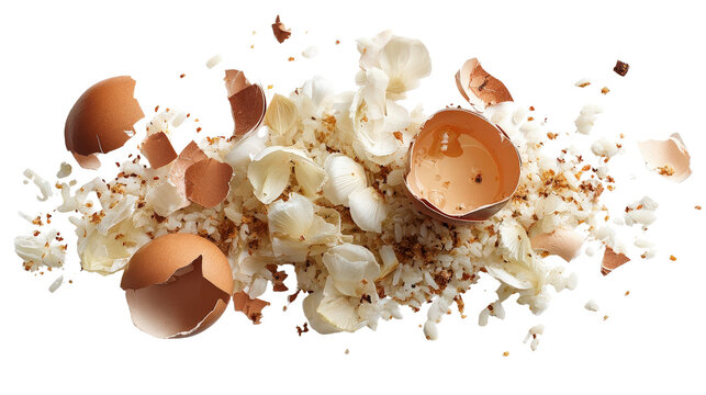 Food scraps from kitchen like eggshells, onion peels, and leftover rice background isolated on a Transparent background, PNG file.