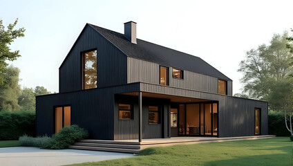 Obraz premium Modern minimalist house exterior with vertical metal siding, large windows, gravel driveway, clean lines, and barn-inspired design - contemporary architecture, suburban property concept