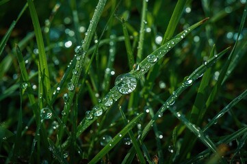 Close-up of pristine water beads on lush green blades following rainfall, showcasing sparkling droplets that evoke a calm and rejuvenating natural atmosphere.