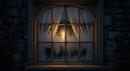 Candlelight through Antique Window with Lacy Curtains Creating Warm Glow