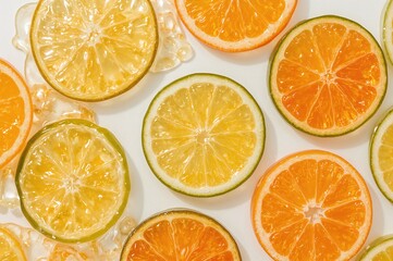 Fototapeta premium Vibrant jelly candies shaped like citrus fruit wedges on a light backdrop