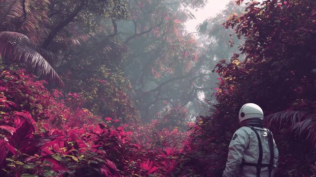 An astronaut explores a vibrant, otherworldly jungle shrouded in mist.