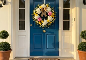 Spring wreath on blue door