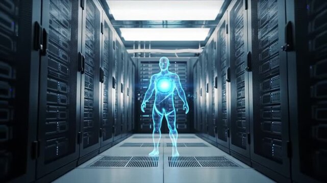 An AI agent avatar materializing inside a server rack in a data center. Big data, technology, cloud computing concept.