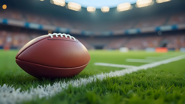 Closeup of American football on green grass field near yard line, white markings visible, stadium stands blurred background with spectators - focus on leather pigskin ready for game play concept 