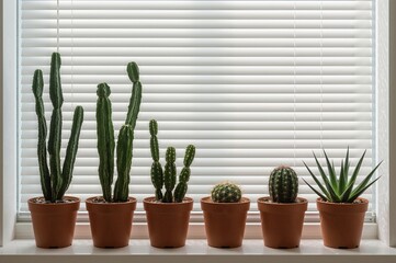 Potted cacti and succulents arranged on a windowsill with closed blinds in the background