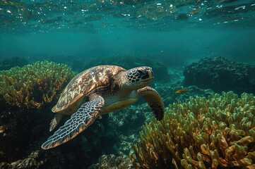 Fototapeta premium Background featuring a captive marine turtle in a vibrant tropical ocean setting