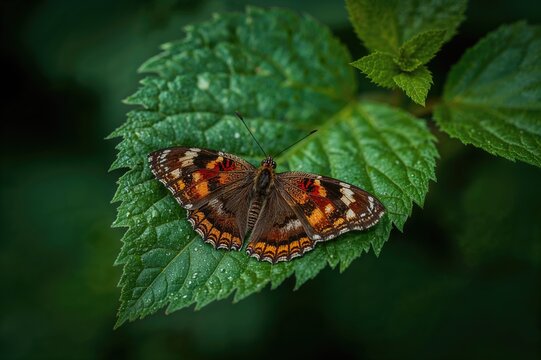 Close-up shot of a butterfly resting on a vibrant green leaf - Powered by Adobe