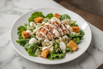 Chicken Caesar Salad featuring croutons, Parmesan, and creamy yogurt mayo dressing, classic Italian dish