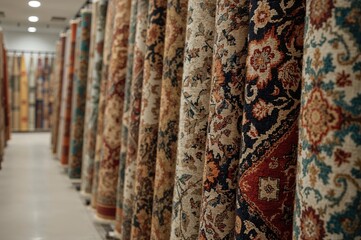 Assorted rolled carpets displayed hanging inside a rug store with selective focus
