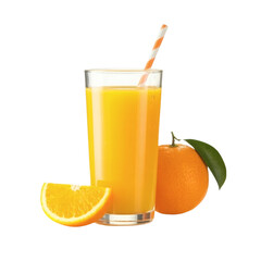 A tall glass of orange juice with a striped straw on transparent background