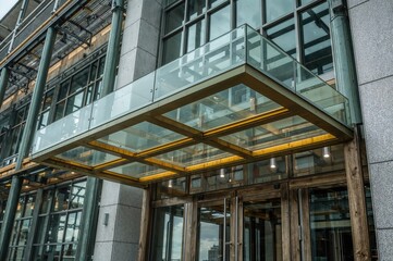 Obraz premium Modern metal front entrance with green and yellow canopy design