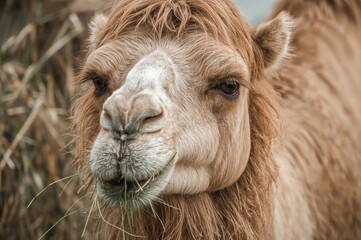 Fototapeta premium Camel chewing on hay with its lip curled down, created with AI generative software
