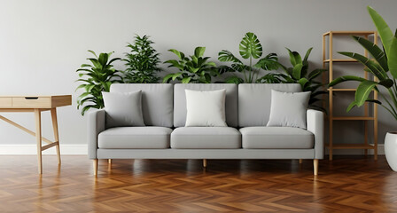 ​Caption: An interior design shot of a modern, minimalist living space featuring a gray three-seater couch with plush cushions, set against a white wall and a backdrop of lush green houseplants