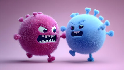 Fototapeta premium Two cartoon-like virus characters, one pink and one blue, displaying playful aggression towards each other. A whimsical representation of competition.