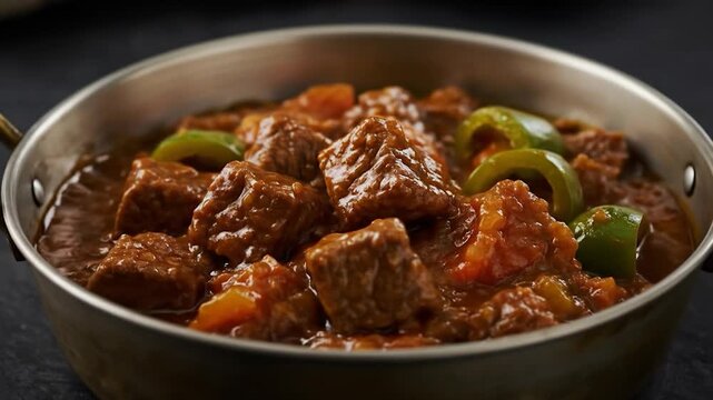 Savory meat stew with vegetables in metal bowl close up culinary food preparation