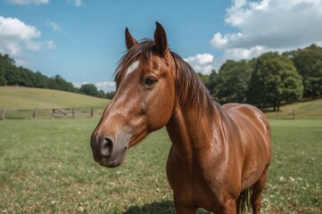 Obraz premium Stunning brown horse standing in a natural paddock setting