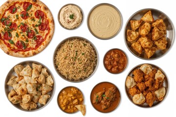 Fototapeta premium Assorted traditional South Asian dishes arranged from above including pizza, hummus, biryani, chicken curry, momos, tikka, korma, samosas. Isolated food collection on white backdrop. Iftar meal
