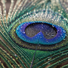 Naklejka premium Macro Shot of a Peacock Feather with Colorful Dew Drops