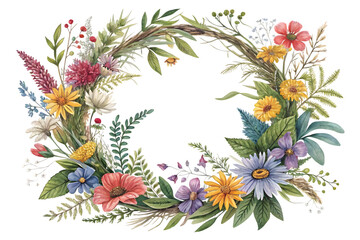 Watercolor floral wreath with wildflowers isolated on transparent background. Flower PNG.